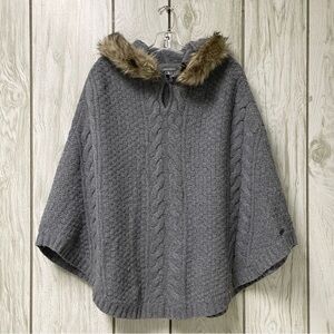 Eddie Bauer Women Gray Cable Fable Knit Faux Fur Hooded Poncho Sweater M/L